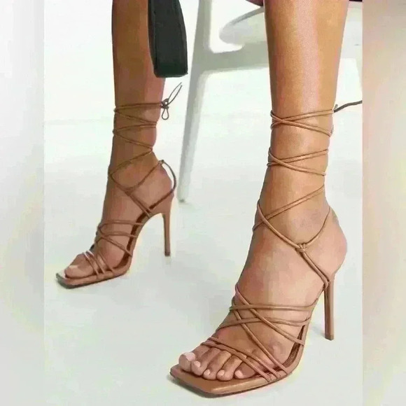 ASOS Shoes - ASOS DESIGN Nina strappy tie leg heeled sandals in beige size 8